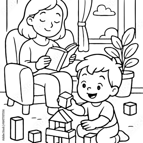 A relaxed mother reading a book while her happy young son plays with building blocks nearby coloring page.