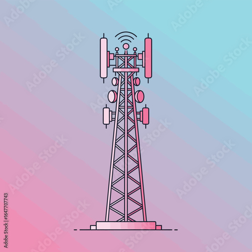 Communication Cell Tower with Antennas and Signal Waves