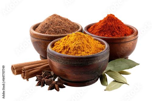 Three bowls of spices are arranged on a white background. The spices include cinnamon, cumin, and chili powder. The bowls are wooden and are placed next to each other
