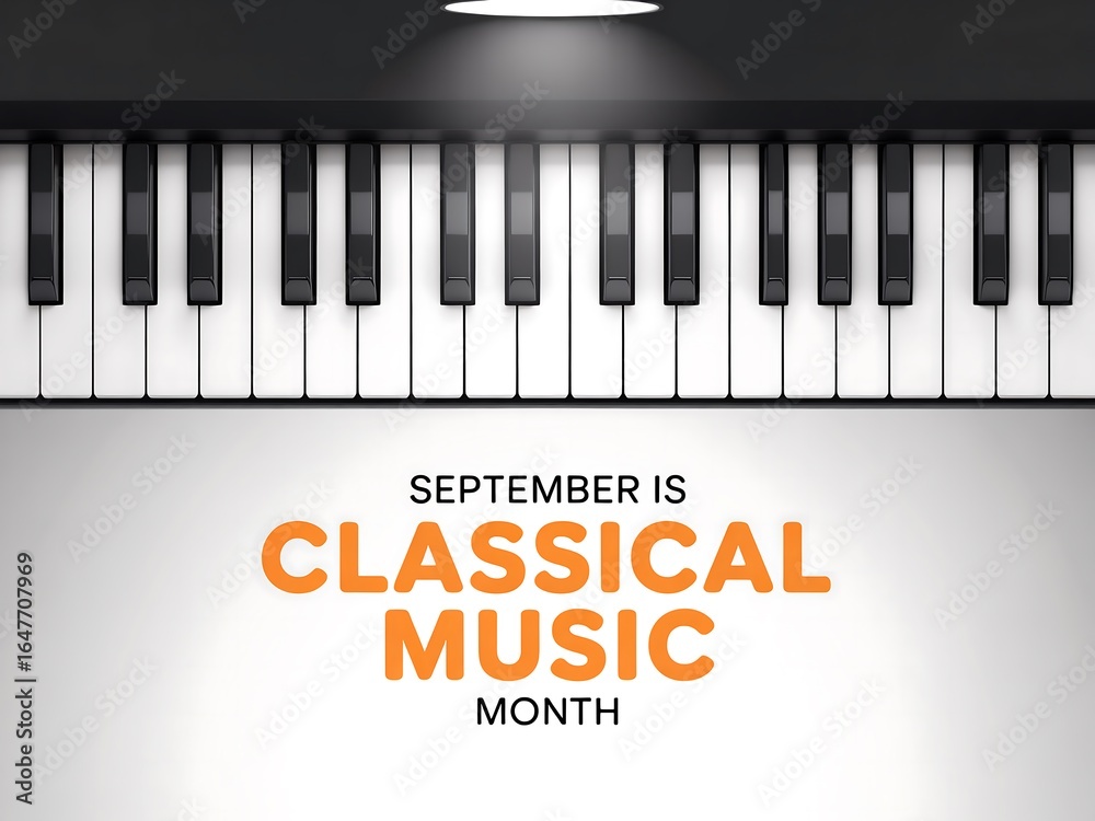 Fototapeta premium Celebrating september as classical music month with a close up view of piano keys and elegant typography