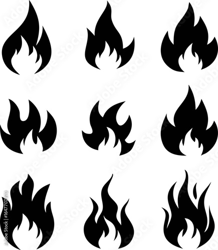 Vector fire flame icon silhouette set
