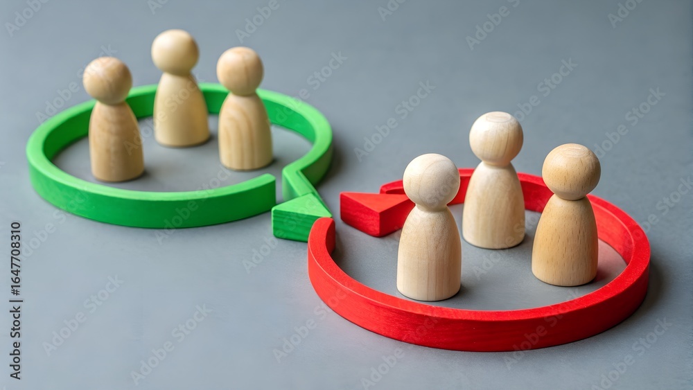 Obraz premium Group Dynamics and Social Segregation – Wooden Figurines in Colored Rings, Red Connector Block, Abstract Relationship Concept