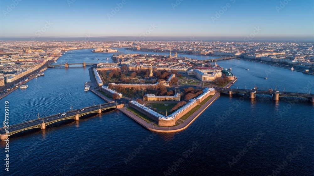 Naklejka premium saintpetersburg russia neva river panoramic aerial view of hare island and artelery island peterpavel s fortress trinity bridge from drone no logos no brands ar 169