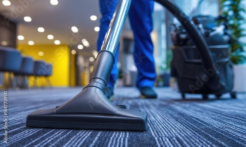Wallpaper Mural Close-up of a navy blue and gray office carpet being cleaned with an industrial vacuum cleaner by professional cleaning staff in a modern corporate building. Cleaning company advertising. Torontodigital.ca