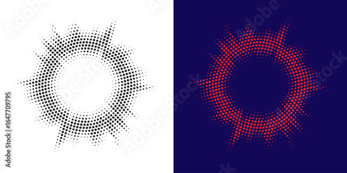 Halftone circle frame background set. Round border Icon using halftone random circle. Grunge circular stain. Vector illustration.