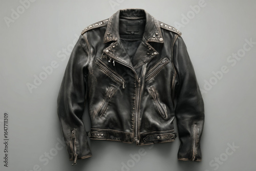 Distressed black leather biker jacket with metal studs and zippers on grey background