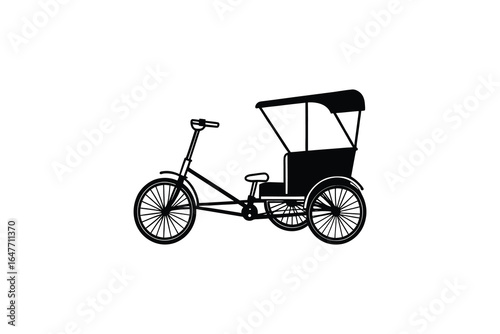 A black and white illustration of a tricycle with a covered passenger seat