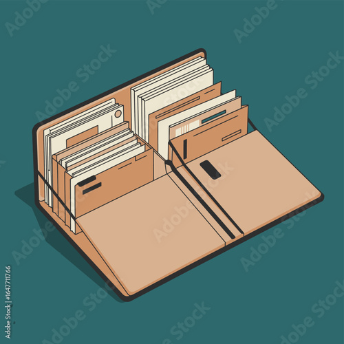 Open leather organizer with multiple compartments filled with papers and cards