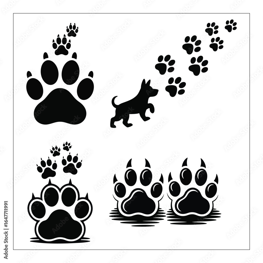 Vector illustration of collection of dog paw prints and a dog silhouette isolated on white background Vector illustration of collection of dog paw prints and a dog silhouette isolated on white background