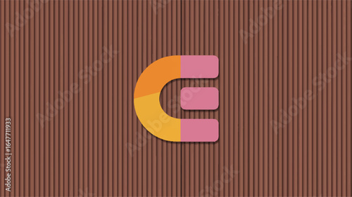 Abstract letter E logo in orange pink and yellow on a ribbed brown background Keywords: letter e, alphabet, character, font, typography, abstract, graphic