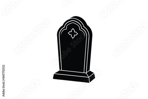 A black tombstone with a cross on top in a simple line art style