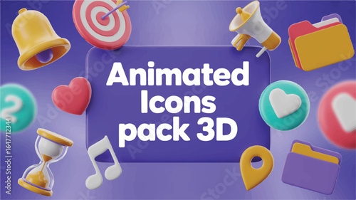 Animated Icons Pack 3D with Various Objects on Purple Background collection
