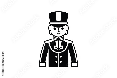 A cartoon illustration of a smiling doorman in a uniform and hat