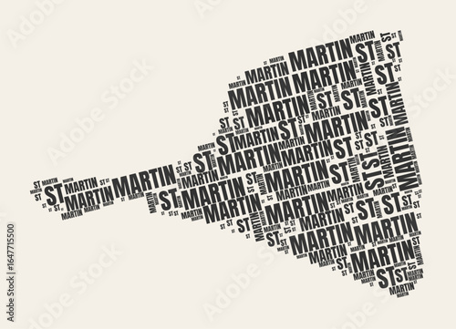Saint Martin Word Cloud. Country with regions division. Saint Martin typographic text clouds vector image design. Vintage gazette style country shape image. Elegant vector illustration.