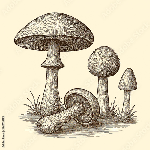 black and white illustration of a mushroom with an emphasis on its cap, stem and spore pores