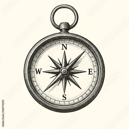 black and white illustration of a compass with an emphasis on its arrow, divisions and body