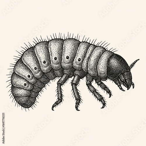 black and white illustration of a beetle larva in profile, with an emphasis on body segments, bristles and mouthpiece