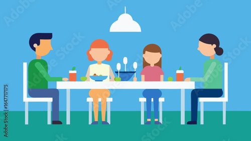flat design family dinner table scene