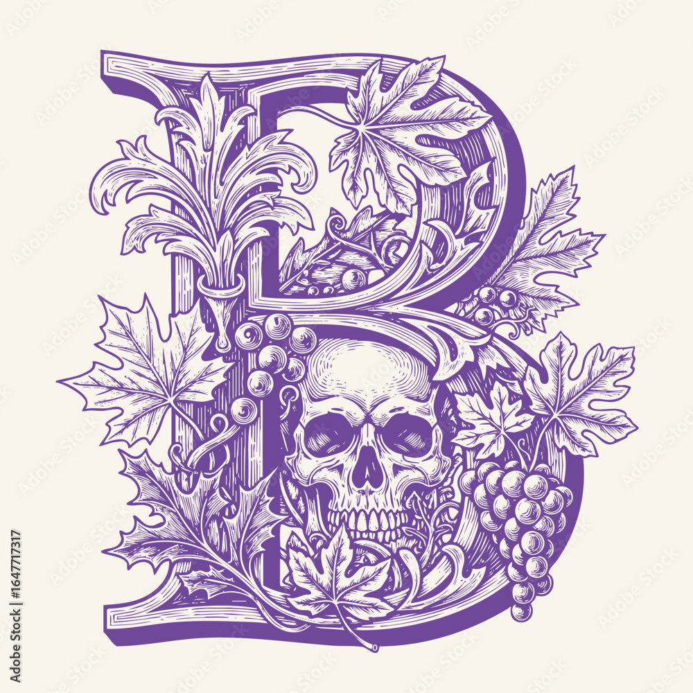 Fototapeta premium Ornamental skull illustration surrounded by intricate leaves, ferns, ivy, and vintage scrollwork, blending gothic and botanical elements.