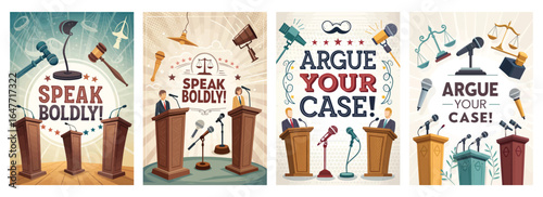 Colorful legal-themed illustrations urging confident public speaking and debate.