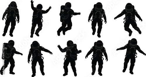Astronaut Silhouettes in Space Suit Vector Set, Spacewalk Poses, Outer Space Exploration Design, NASA Inspired Sci-Fi Characters for Science and Technology Themes