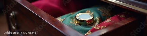 A close-up shot of a sleek, metallic push-button activating a hidden compartment revealing luxurious fabrics and accessories, hinting at a secret, opulent space , compartment, shine, retro