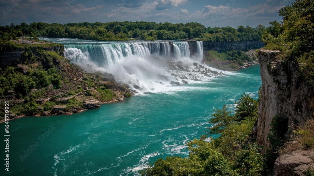 Fototapeta premium Powerful Niagara Falls cascading into turquoise water, lush greenery surrounds