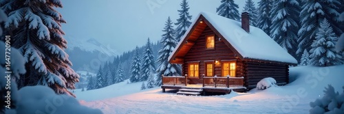 A cozy cabin nestled in a snowy winter wonderland, perfect for a relaxing holiday escape Imagine warm fires, hot cocoa, and tranquil snowy landscapes , blue, white