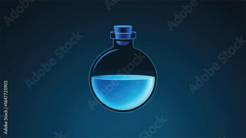 Luminous Blue Liquid in a Round Glass Potion Bottle with Cork Stopper vector illustration