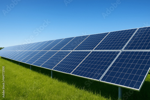 Solar panels in green field under clear blue sky