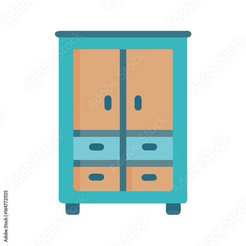 Illustration of a turquoise and tan wardrobe with doors and drawers on a black background
