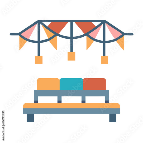 Celebration Seating Area with Party Flags and Lights for Outdoor Event