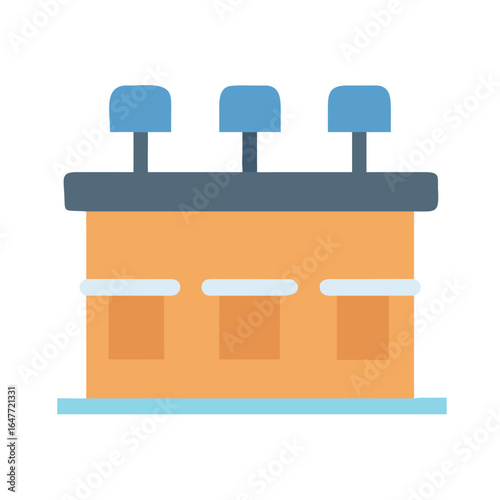 Flat vector illustration of a reception desk with three monitors on a black background