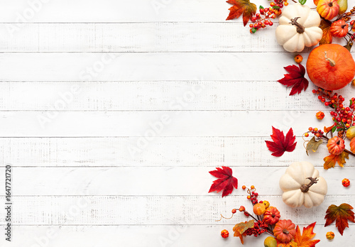 Flat lay autumn composition with autumn decor from pumpkins, berries and leaves on a white wooden background. Concept of Thanksgiving day or Halloween.