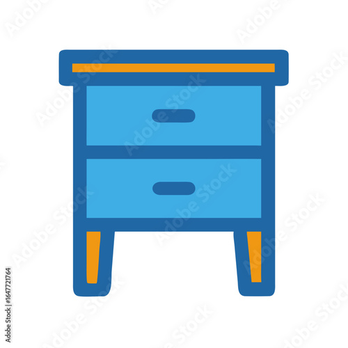 Blue bedside table with two drawers and golden details on black background