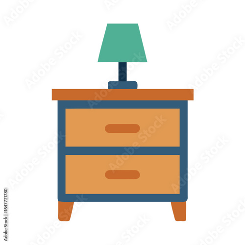 Stylized illustration of nightstand with a lamp, flat design, dark background.