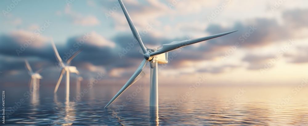 Fototapeta premium The Wind Turbines Rising from a Calm Ocean at Golden Sunset