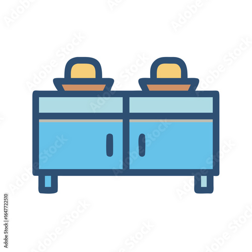 Stylized Icon of a Blue Dresser with Two Drawers and Hatboxes
