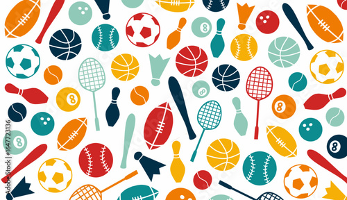 Sports pattern with colorful balls rackets bats and equipment in flat style creating a playful athletic design for fabric wallpaper and wrapping paper