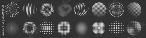 Halftone circle frame, round dotted pattern, geometric abstract background, vector design element, isolated icon, set of black dots, grunge circular border on transparent background