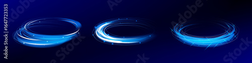 Set of glowing blue neon rings with wave and spiral motion. Futuristic light vortex elements for sci fi backgrounds or modern digital vector templates.