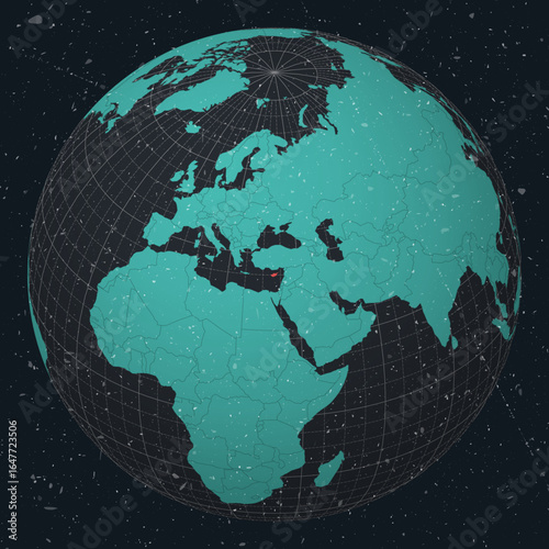Republic of Cyprus on Globe. Vintage look with grunge scratched texture. Country view on world map in Dark Charcoal Turquoise color palette. Cyprus shape on map. Globe with meridians and parallels.