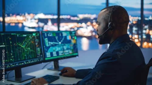 Air Traffic Controller Overseeing Night Flight Navigation, Ensuring Safety and Efficiency, Guiding
