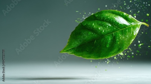 A vibrant green leaf with water droplets, suspended in mid-air, symbolizes freshness and nature's beauty, capturing the essence of vitality and renewal.