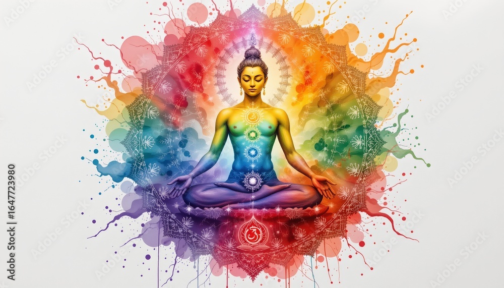 Obraz premium watercolor painting of chakras energy centers in a unique pose from from above with sacred symbolism, indian sacred literary theme, white background