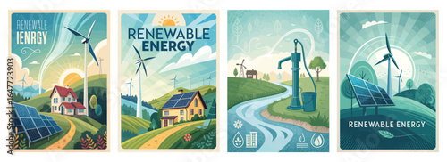 Four illustrations showcasing renewable energy sources like wind and solar, promoting environmental sustainability.