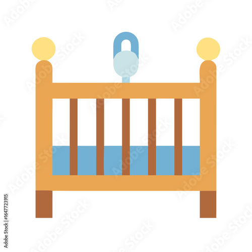 Flat vector illustration of a wooden baby cot against a black background
