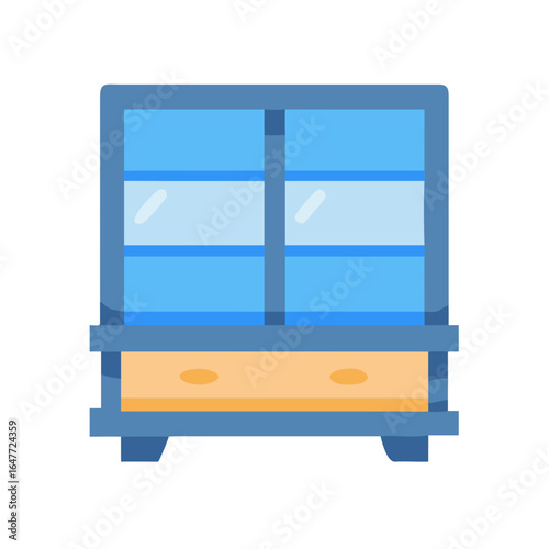 Blue and beige cabinet with glass doors and drawers on black backdrop