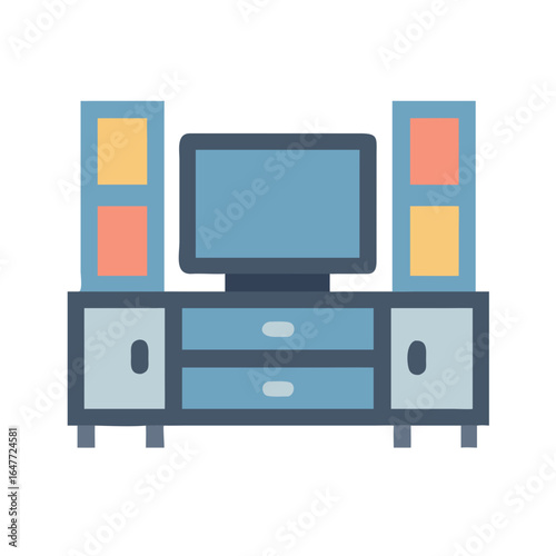 Modern living room furniture with TV and storage units icon illustration