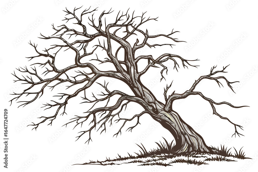 Obraz premium Realistic Leafless Tree Illustration. Lifelike Bare Tree Artwork. Detailed Winter Tree Illustration. Realistic Dead Tree Artwork. Accurate Tree Without Leaves Illustration. Realistic Autumn Tree